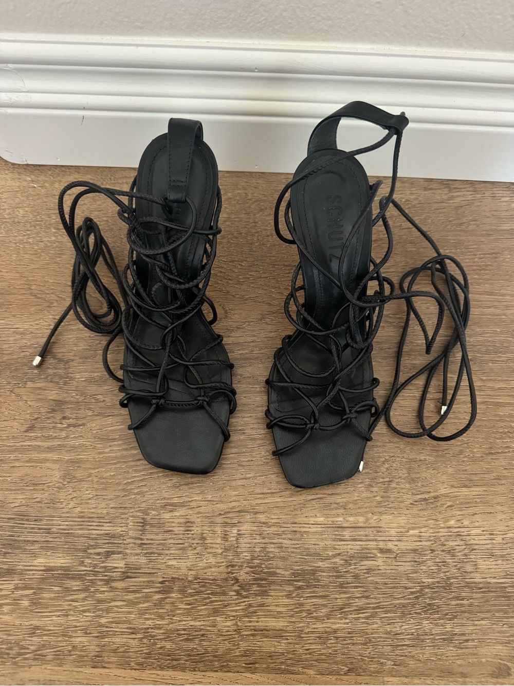 Schutz Black Leather Lace-Up Strappy Heels Size 7